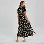 Black Plumeria Flower Pattern Print Short Sleeve Maxi Dress