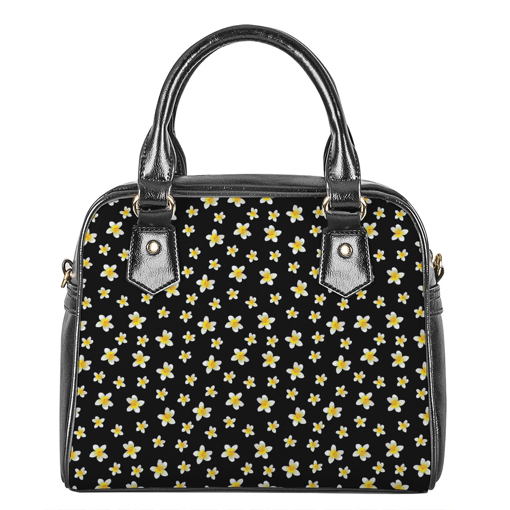 Black Plumeria Flower Pattern Print Shoulder Handbag