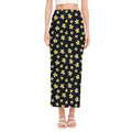 Black Plumeria Flower Pattern Print Side Slit Maxi Skirt