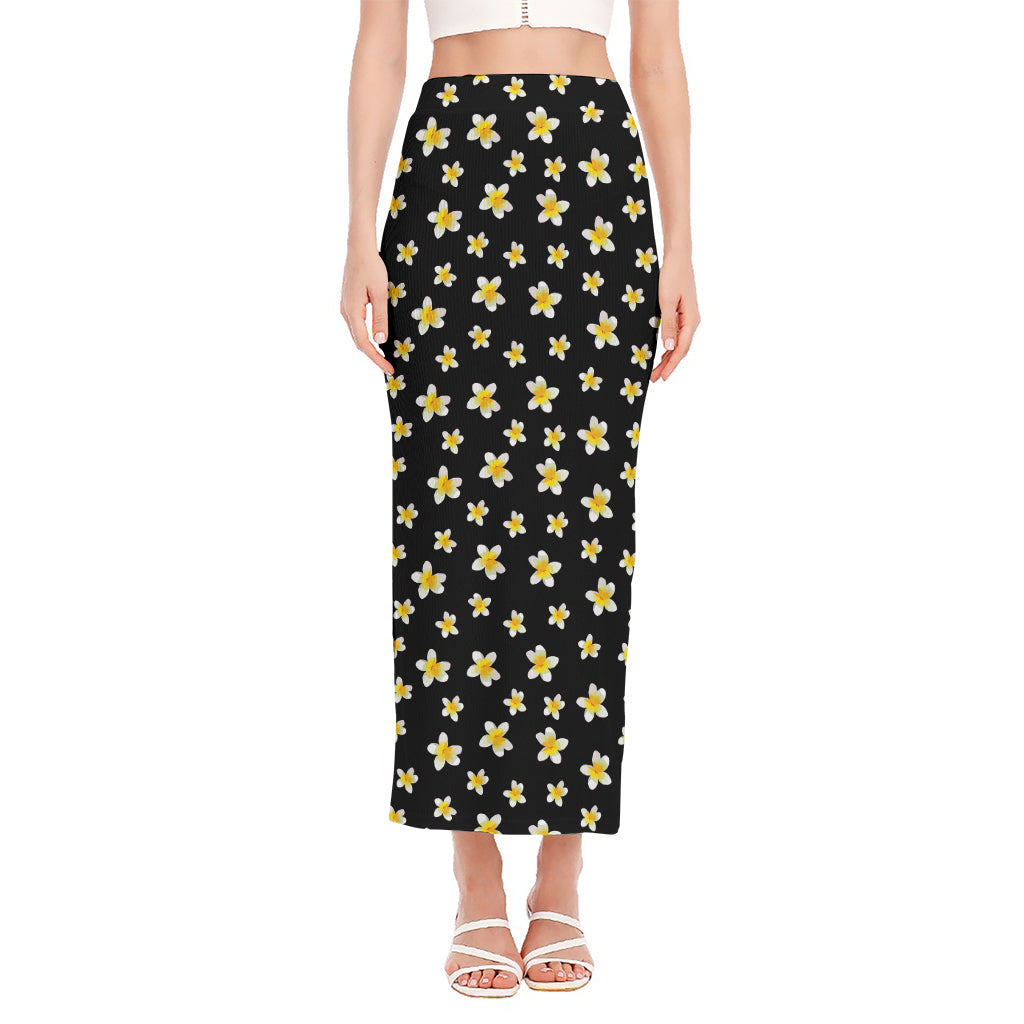 Black Plumeria Flower Pattern Print Side Slit Maxi Skirt