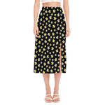 Black Plumeria Flower Pattern Print Side Slit Midi Skirt