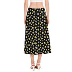Black Plumeria Flower Pattern Print Side Slit Midi Skirt