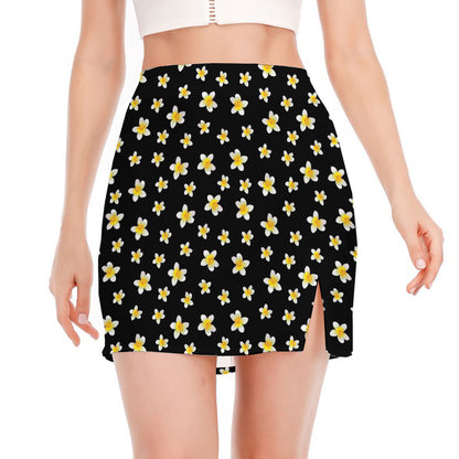 Black Plumeria Flower Pattern Print Side Slit Mini Skirt