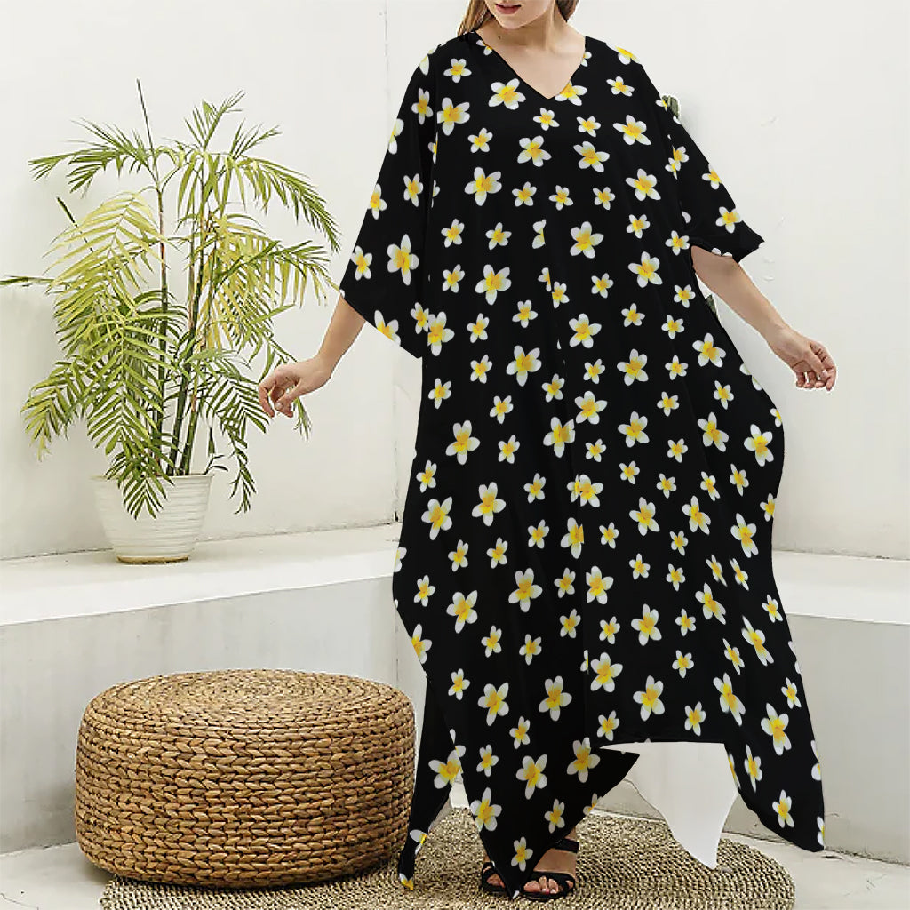 Black Plumeria Flower Pattern Print Silk V-Neck Kaftan Dress