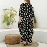 Black Plumeria Flower Pattern Print Silk V-Neck Kaftan Dress