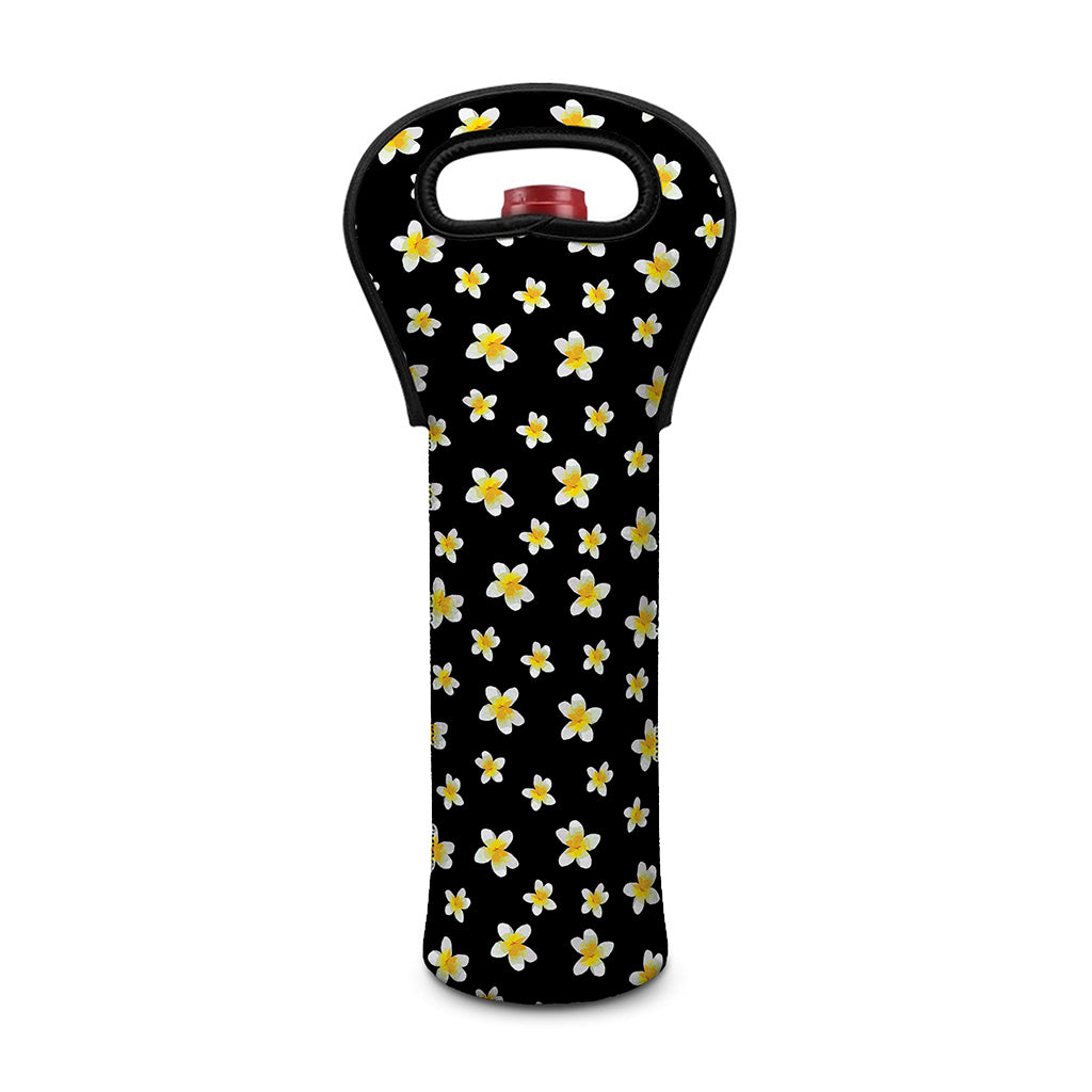 Black Plumeria Flower Pattern Print Single Neoprene Wine Tote