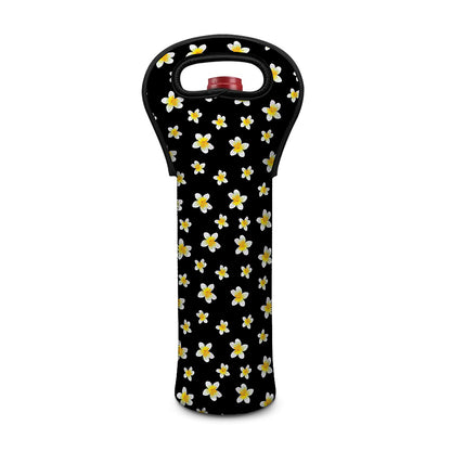 Black Plumeria Flower Pattern Print Single Neoprene Wine Tote
