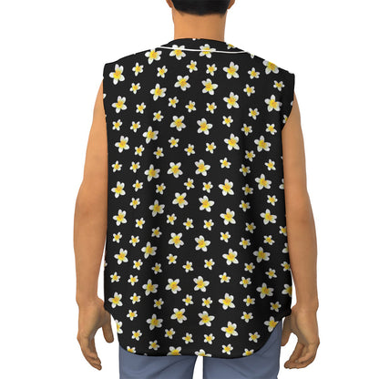 Black Plumeria Flower Pattern Print Sleeveless Baseball Jersey