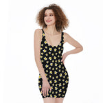 Black Plumeria Flower Pattern Print Sleeveless Bodycon Dress