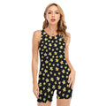 Black Plumeria Flower Pattern Print Sleeveless One Piece Swimsuit