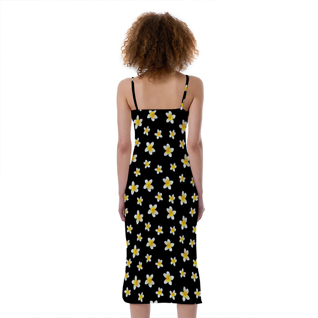 Black Plumeria Flower Pattern Print Slim Fit Midi Cami Dress