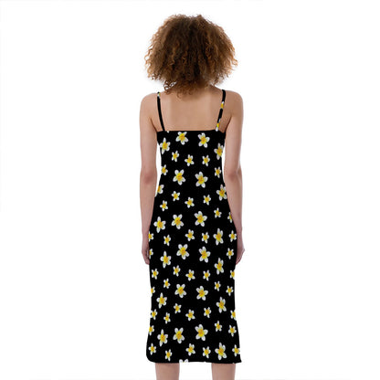 Black Plumeria Flower Pattern Print Slim Fit Midi Cami Dress