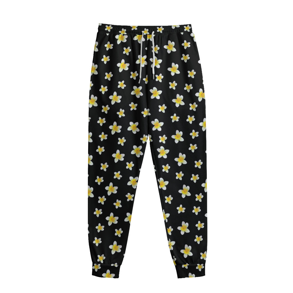 Black Plumeria Flower Pattern Print Sweatpants