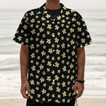 Black Plumeria Flower Pattern Print Textured Short Sleeve Shirt