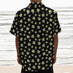 Black Plumeria Flower Pattern Print Textured Short Sleeve Shirt
