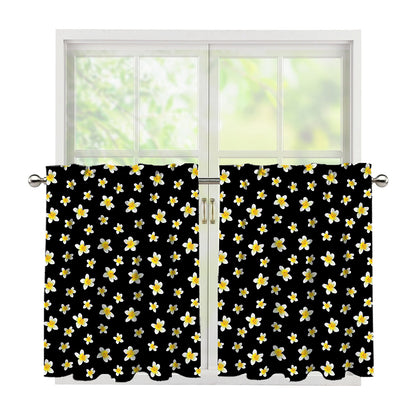 Black Plumeria Flower Pattern Print Tier Curtains