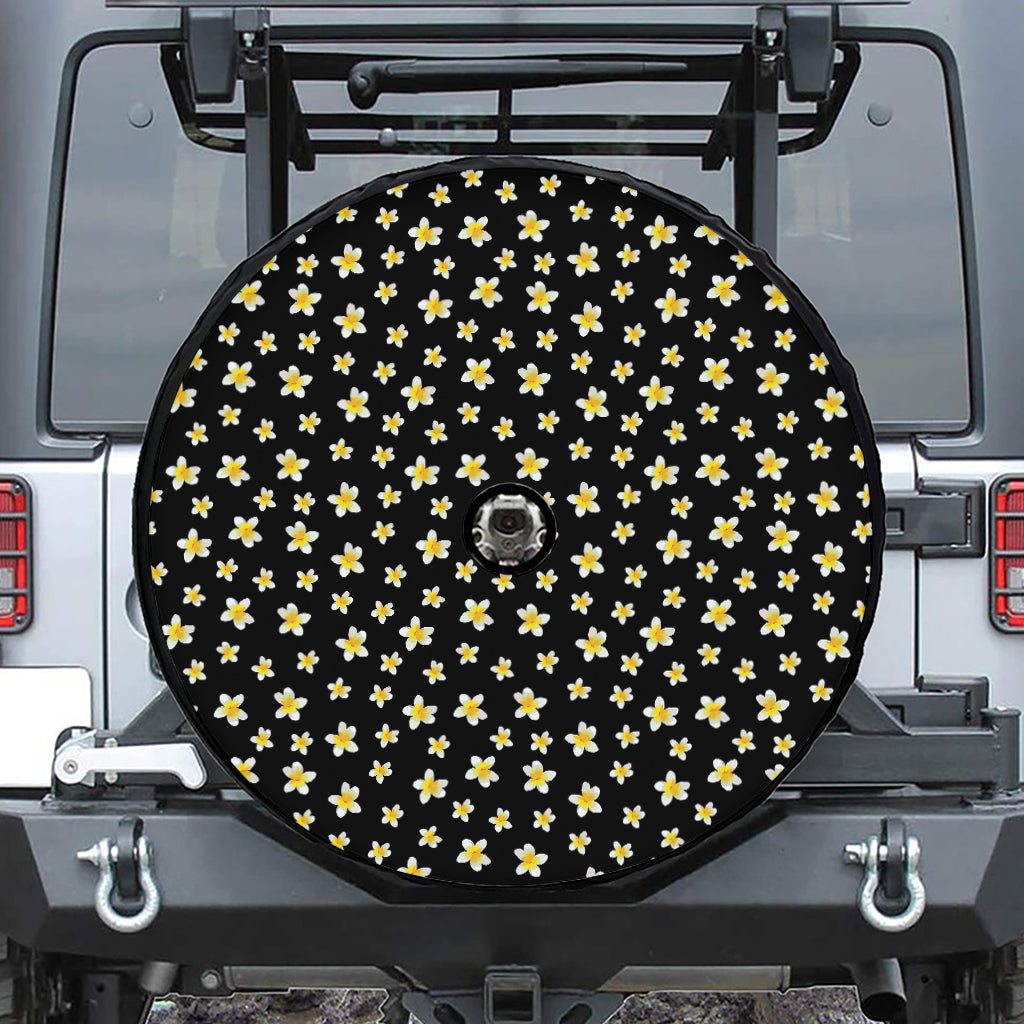 Black Plumeria Flower Pattern Print Tire Cover With Camera Hole