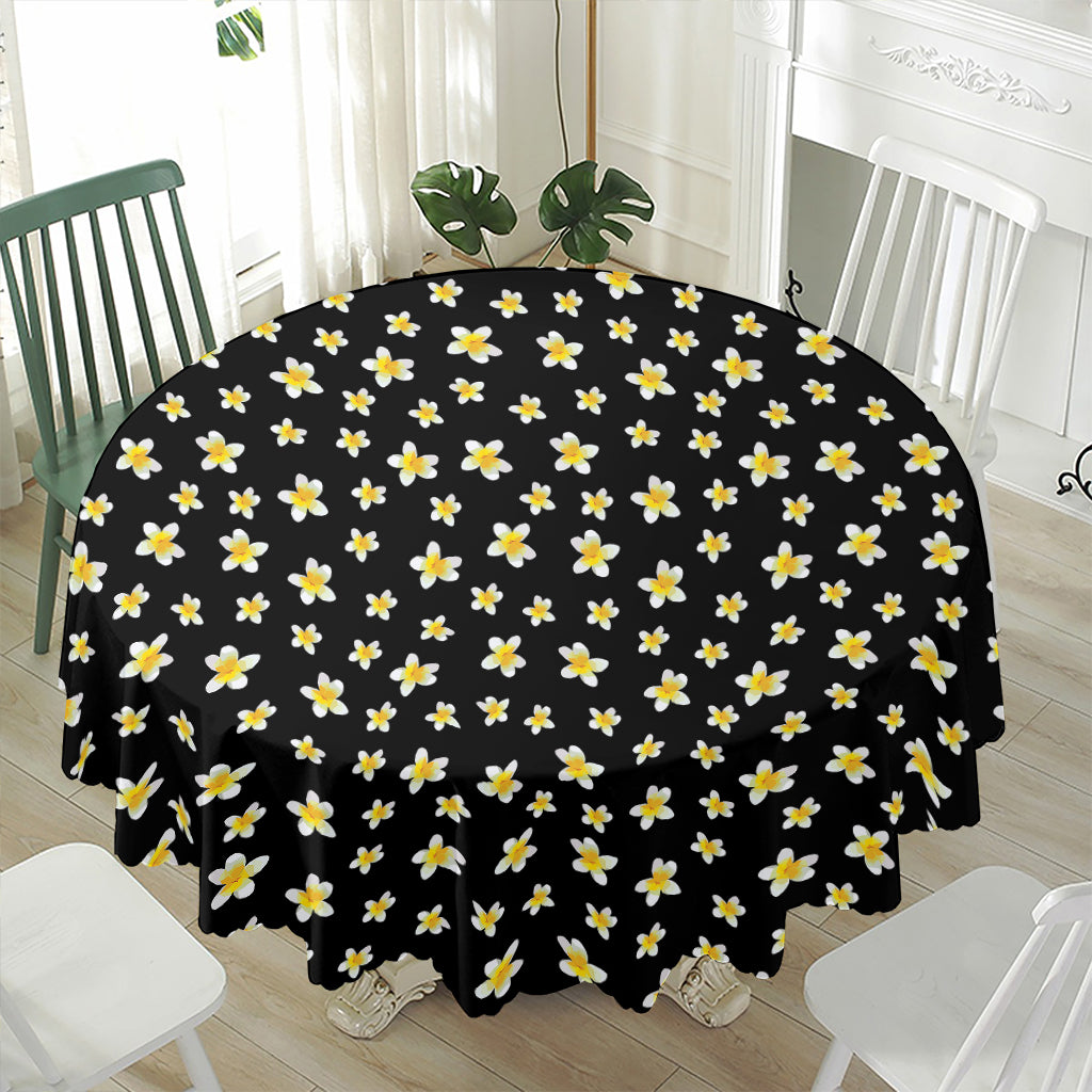 Black Plumeria Flower Pattern Print Waterproof Round Tablecloth