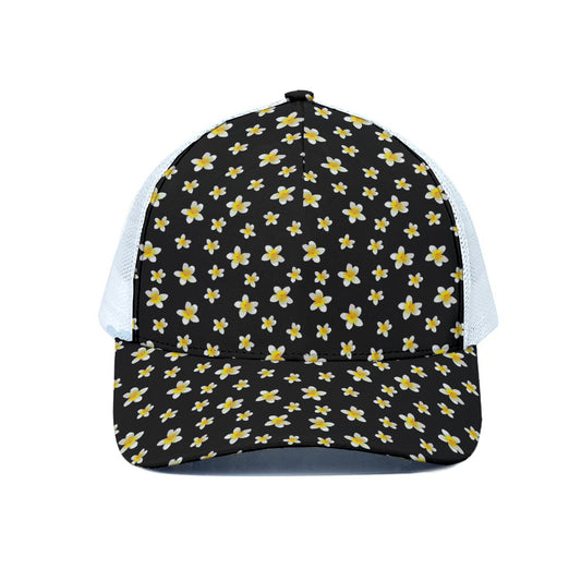 Black Plumeria Flower Pattern Print White Mesh Trucker Cap
