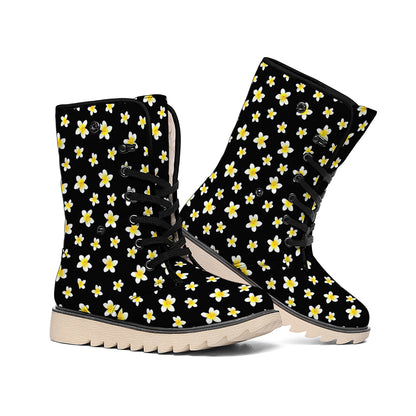 Black Plumeria Flower Pattern Print Winter Boots