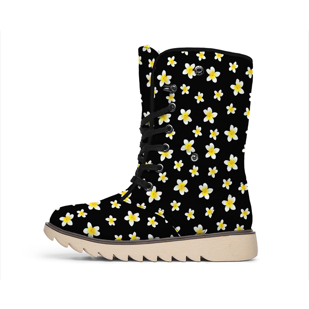 Black Plumeria Flower Pattern Print Winter Boots