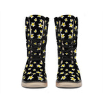 Black Plumeria Flower Pattern Print Winter Boots