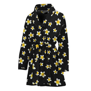 Black Plumeria Flower Pattern Print Women's Bathrobe