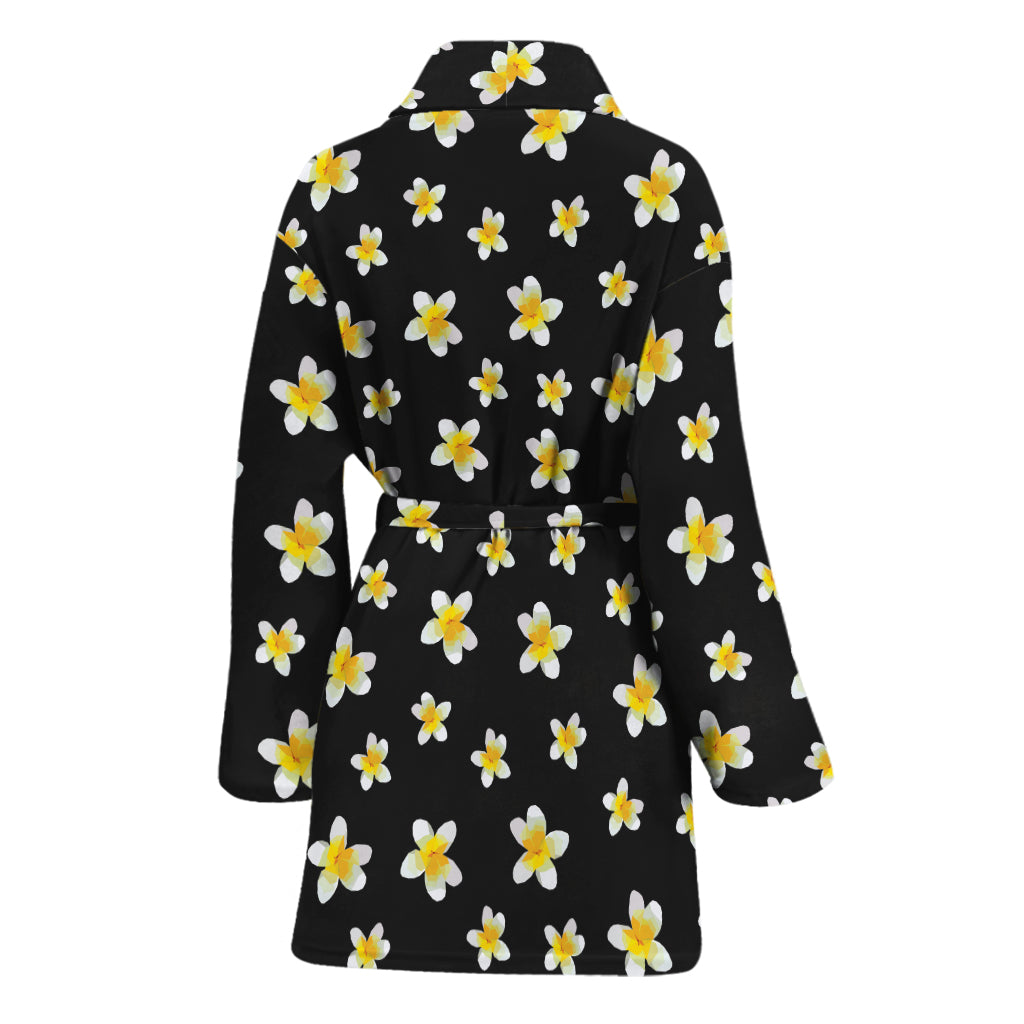 Black Plumeria Flower Pattern Print Women's Bathrobe