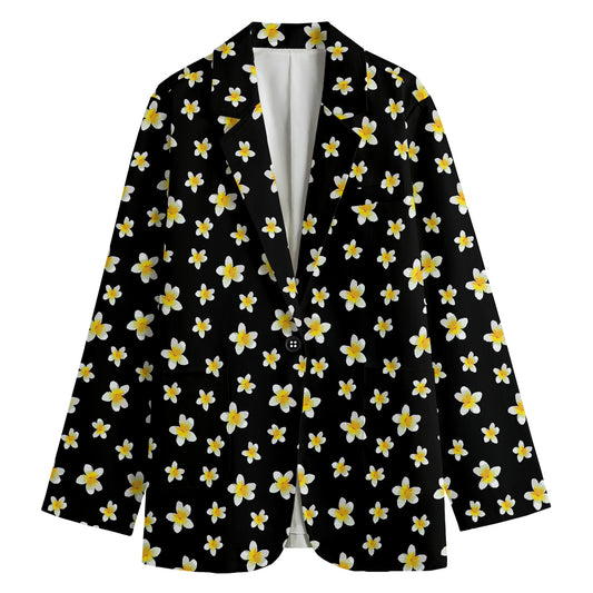 Black Plumeria Flower Pattern Print Women's Blazer