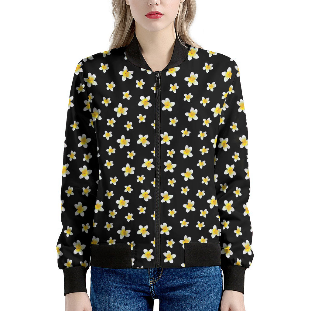 Black Plumeria Flower Pattern Print Women's Bomber Jacket