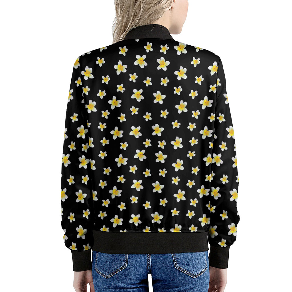 Black Plumeria Flower Pattern Print Women's Bomber Jacket