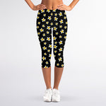 Black Plumeria Flower Pattern Print Women's Capri Leggings