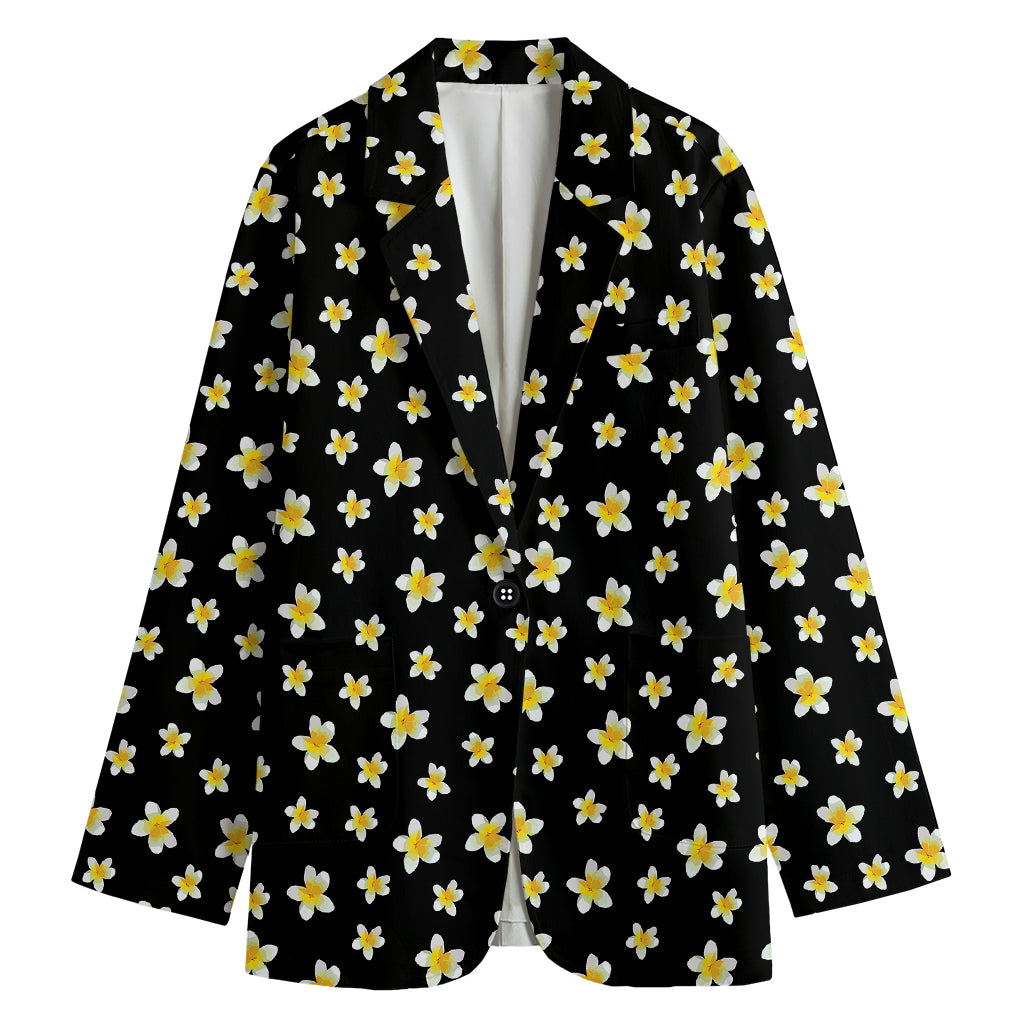 Black Plumeria Flower Pattern Print Women's Cotton Blazer