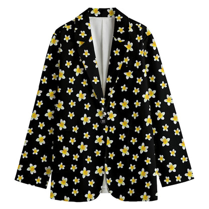 Black Plumeria Flower Pattern Print Women's Cotton Blazer
