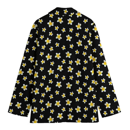 Black Plumeria Flower Pattern Print Women's Cotton Blazer