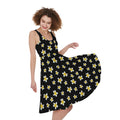 Black Plumeria Flower Pattern Print Sleeveless Knee Length Dress