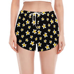 Black Plumeria Flower Pattern Print Women's Split Running Shorts