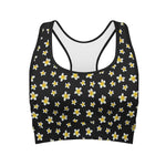 Black Plumeria Flower Pattern Print Women's Sports Bra