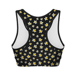 Black Plumeria Flower Pattern Print Women's Sports Bra