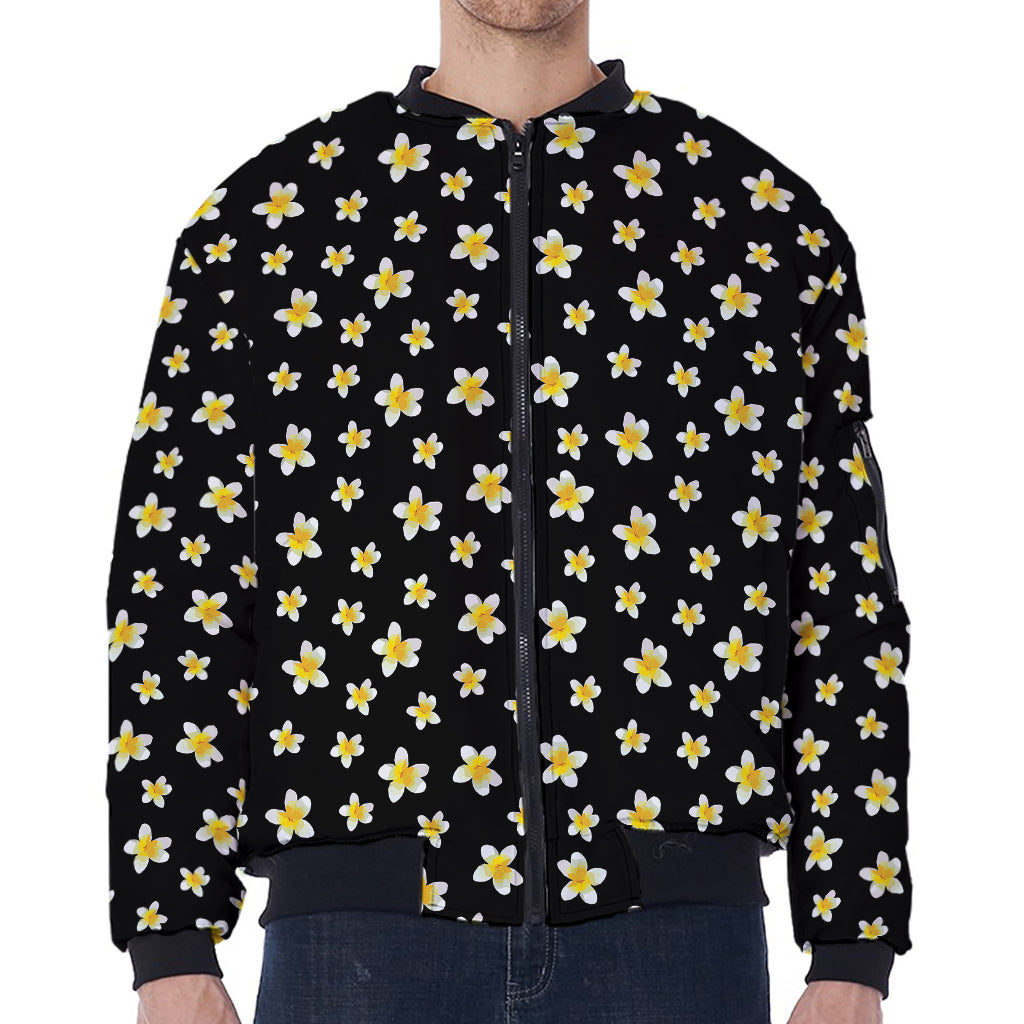 Black Plumeria Flower Pattern Print Zip Sleeve Bomber Jacket