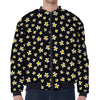 Black Plumeria Flower Pattern Print Zip Sleeve Bomber Jacket