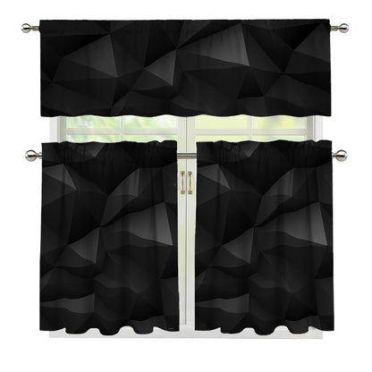 Black Polygonal Geometric Print 3 Piece Kitchen Curtains