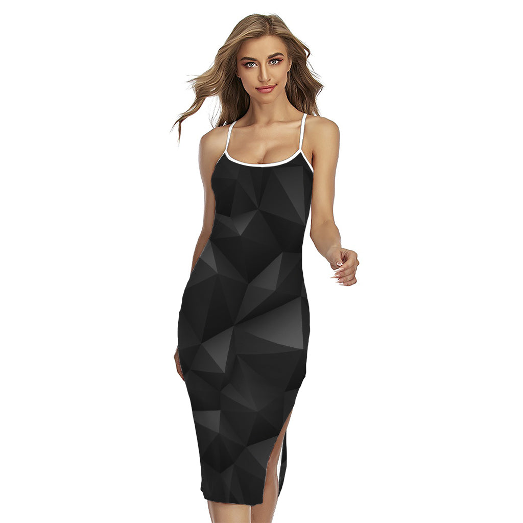 Black Polygonal Geometric Print Cross Back Cami Dress