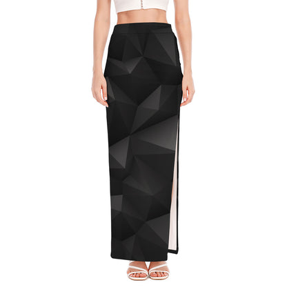 Black Polygonal Geometric Print High Slit Maxi Skirt