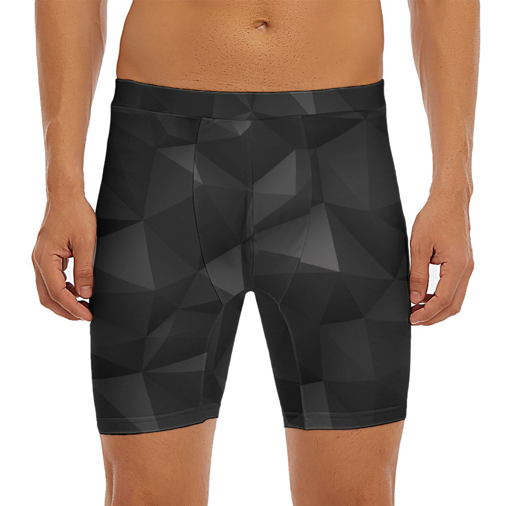 Black Polygonal Geometric Print Men's Long Boxer Briefs