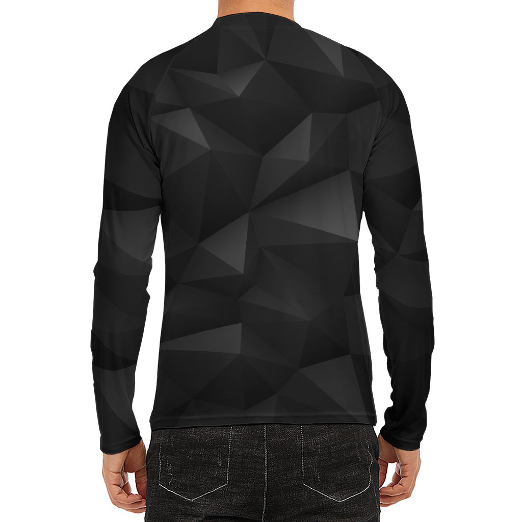 Black Polygonal Geometric Print Men's Long Sleeve Rash Guard