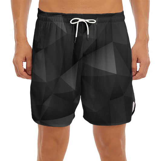 Black Polygonal Geometric Print Men's Split Running Shorts