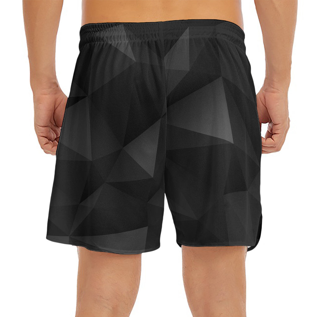Black Polygonal Geometric Print Men's Split Running Shorts