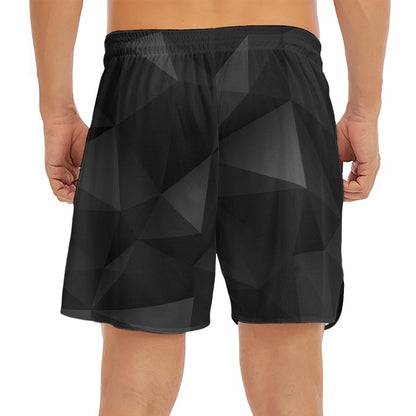 Black Polygonal Geometric Print Men's Split Running Shorts