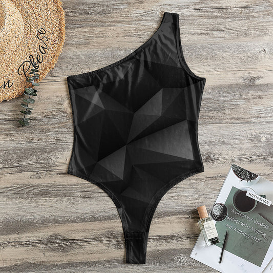 Black Polygonal Geometric Print One Shoulder Bodysuit